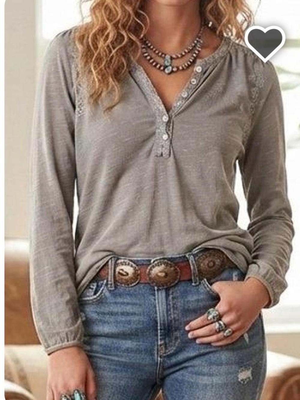 Lucky Brand Olive-Taupe Long Sleeve Henley Top